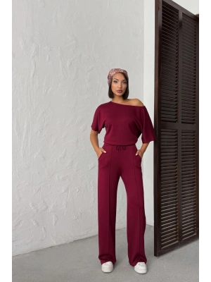 Kadın Bordo Yumuşacık Yarasa Kol Bluzlu Beli Bağcıklı Geniş Paça İkili Takım