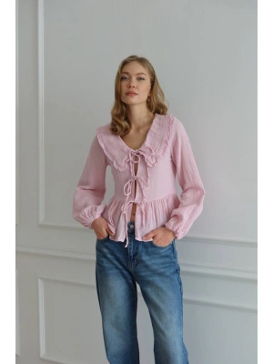 Kadın Şeker Pembe Bohem Tarz Önden Bağlamalı Bebe Yaka Uzun Kol Müslin Bluz