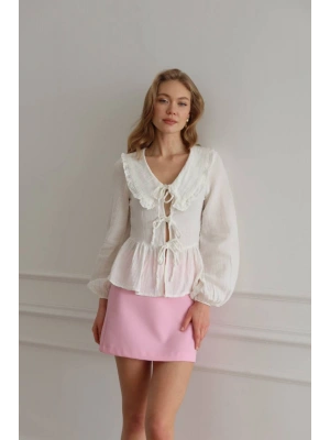 Kadın Ekru Bohem Tarz Önden Bağlamalı Bebe Yaka Uzun Kol Müslin Bluz