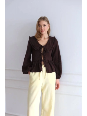 Kadın Kahverengi Bohem Tarz Önden Bağlamalı Bebe Yaka Uzun Kol Müslin Bluz