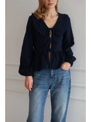 Kadın Lacivert Bohem Tarz Önden Bağlamalı Bebe Yaka Uzun Kol Müslin Bluz