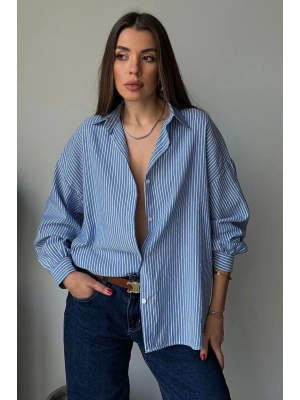Kadın Lacivert Çizgili Oversize Salaş Kesim Uzun Kol Gömlek