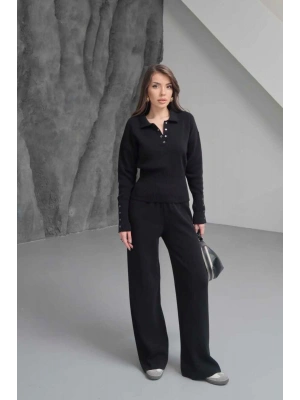Kadın Siyah Cıtcıt Detaylı Polo Yaka Bluz Geniş Paça Pantolon Alt Üst İkili Triko Takım
