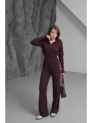 Kadın Acı Kahverengi Cıtcıt Detaylı Polo Yaka Bluz Geniş Paça Pantolon Alt Üst İkili Triko Takım