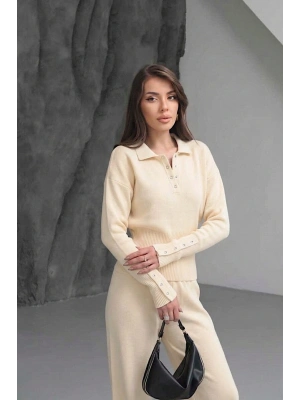 Kadın Bej  Cıtcıt Detaylı Polo Yaka Bluz Geniş Paça Pantolon Alt Üst İkili Triko Takım