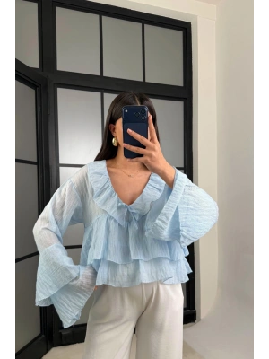 Kadın Mavi Fırfır Detaylı Transparan Bluz