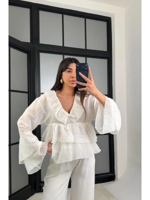 Kadın Beyaz Fırfır Detaylı Transparan Bluz