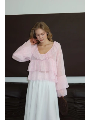 Kadın Pembe Fırfır Detaylı Transparan Bluz