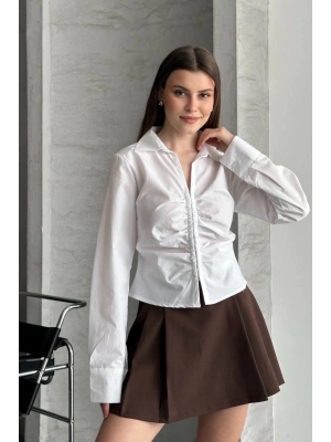 Kadın Beyaz Önü Büzgülü Bel Oturtmalı Uzun Kollu Şık Gömlek