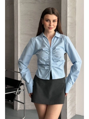 Kadın Mavi Önü Büzgülü Bel Oturtmalı Uzun Kollu Şık Gömlek