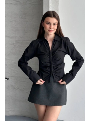 Kadın Siyah Önü Büzgülü Bel Oturtmalı Uzun Kollu Şık Gömlek