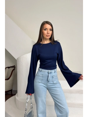 Kadın Lacivert Bisiklet Yaka Uzun İspanyol Kol Yumuşacık Body Bluz