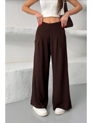 Kadın Acı Kahve Yüksek Bel Hareket Özgürlüğü Sunan Beli Lastikli Geniş Paça Pantolon