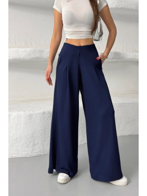 Kadın Lacivert Yüksek Bel Hareket Özgürlüğü Sunan Beli Lastikli Geniş Paça Pantolon