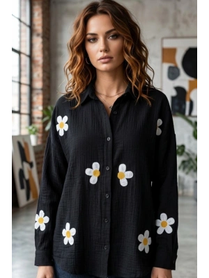 Kadın Siyah Papatya Desenli Müslin Kumaş Uzun Kollu Oversize Gömlek