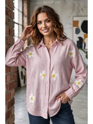Kadın Pembe Papatya Desenli Müslin Kumaş Uzun Kollu Oversize Gömlek