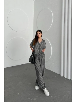 Kadın Çizgili Gipeli Gömlek Geniş Paça Pantolon İkili Takım