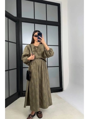 Kadın Haki Çiçek Nakışlı Gömlek Beli Lastikli Astarlı Etek Bluz İkili Takım