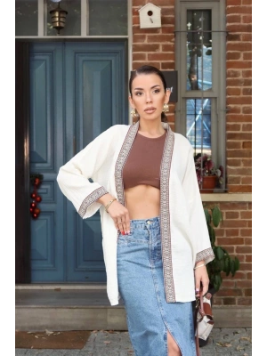 Kadın Ekru Nakışlı Bohem Stil Premium Kalite Kimono Hırka