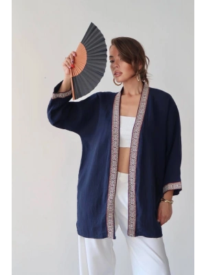 Kadın Lacivert Nakışlı Bohem Stil Premium Kalite Kimono Hırka