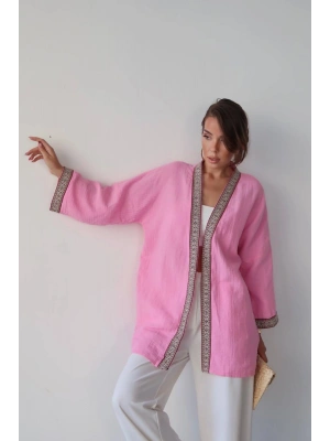 Kadın Pembe Nakışlı Bohem Stil Premium Kalite Kimono Hırka