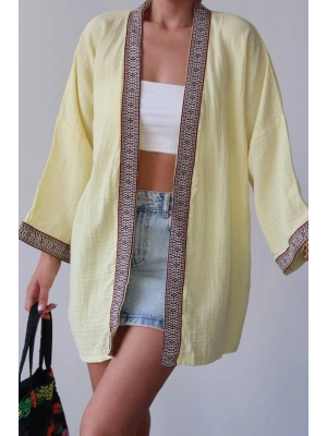 Kadın Limon Sarısı Nakışlı Bohem Stil Premium Kalite Kimono Hırka