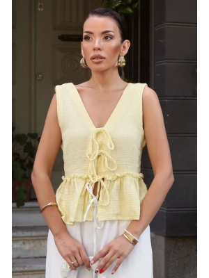Kadın Limon Sarısı Önü Bağcıklı Müslin Bluz