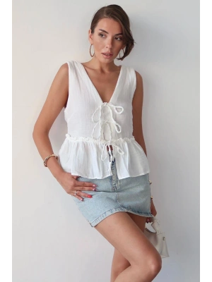 Kadın Beyaz Önü Bağcıklı Müslin Bluz