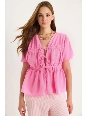 Kadın Pembe Bağlama Detaylı Oversize Müslin Bluz