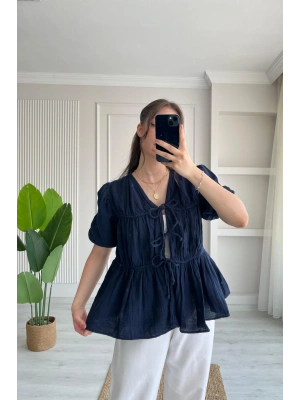 Kadın Lacivert Bağlama Detaylı Oversize Müslin Bluz