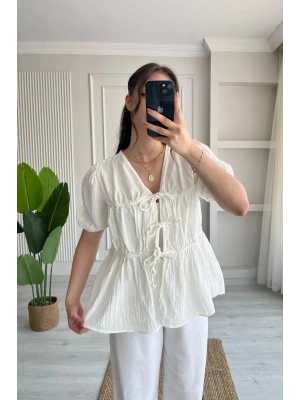 Kadın Ekru Bağlama Detaylı Oversize Müslin Bluz