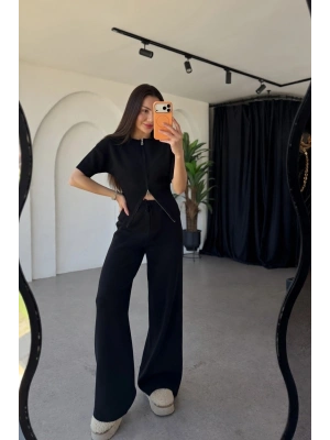 Kadın Siyah Yarım Fermuarlı Crop Üst Geniş Paça Pantolon İkili Takım
