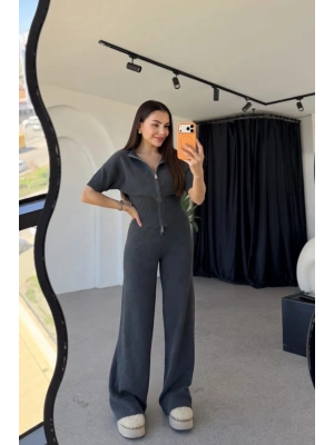 Kadın Antrasit Yarım Fermuarlı Crop Üst Geniş Paça Pantolon İkili Takım