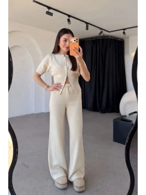 Kadın Krem Yarım Fermuarlı Crop Üst Geniş Paça Pantolon İkili Takım