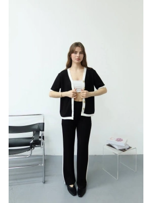 Kadın Siyah Şerit Detaylı Rahat Kesim Geniş Paça Pantolon Bluz İkili Takım