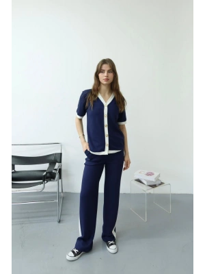 Kadın Lacivert Şerit Detaylı Rahat Kesim Geniş Paça Pantolon Hırka İkili Takım