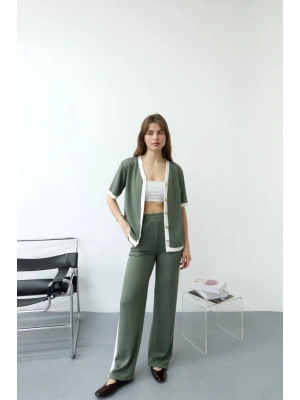 Kadın Yeşil Şerit Detaylı Rahat Kesim Geniş Paça Pantolon Hırka İkili Takım