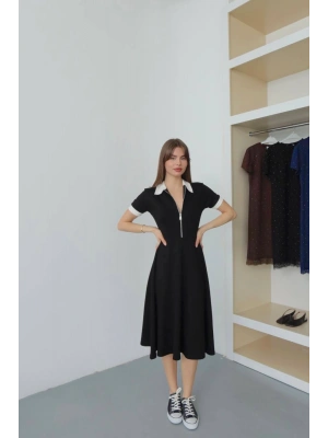 Kadın Siyah Polo Yaka Fermuar Detaylı Kısa Kollu Midi Boy Şık Elbise