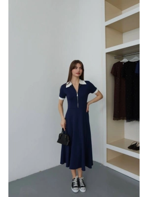 Kadın Lacivert Polo Yaka Fermuar Detaylı Kısa Kollu Midi Boy Şık Elbise