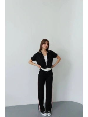 Kadın Siyah Şık Taş ve Şerit Detaylı Pantolon Fermuarlı Bluz Alt Üst İkili Yumuşacık Takım