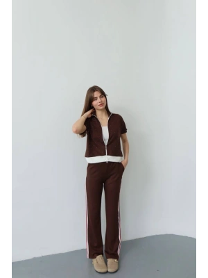 Kadın Acı Kahverengi Şık Taş ve Şerit Detaylı Pantolon Fermuarlı Bluz Alt Üst İkili Yumuşacık Takım