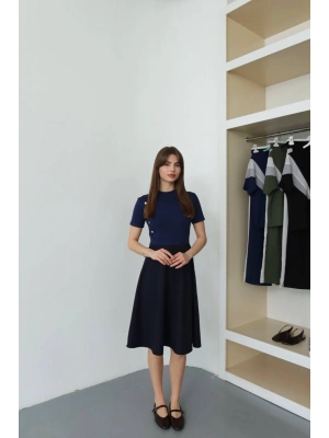 Kadın Lacivert Yan Düğme Detaylı Bisiklet Yaka Kısa Kollu Midi Boy Zarif Çan Etekli Elbise