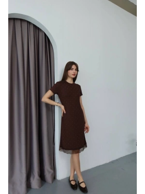 Kadın Kahverengi Taş Ve Dantel Detaylı Kısa Kol Bisiklet Yaka Midi Boy Elbise