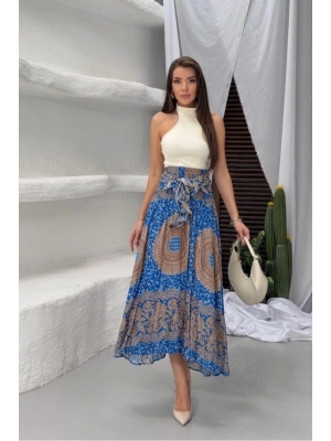 Kadın Yaz Mavisi Yüksek Bel Bağlama Detaylı Şık Etnik Desenli Asimetrik Kesim Midi Etek