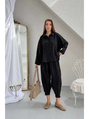 Kdın Siyah Şık Tensel Kumaş Gömlek Şalvar Pantolon Alt Üst İkili Premium Takım