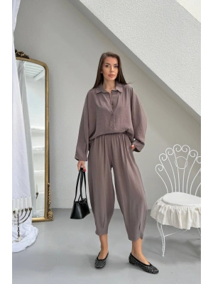 Kdın Vizon Şık Tensel Kumaş Gömlek Şalvar Pantolon Alt Üst İkili Premium Takım