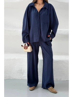 Kadın Lacivert Oversize Şık Tensel Kumaş Gömlek Geniş Paça Pantolon Takım Rahat Kesim İkili Premium Takım