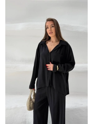 Kadın Siyah Oversize Şık Tensel Kumaş Gömlek Geniş Paça Pantolon Takım Rahat Kesim İkili Premium Takım