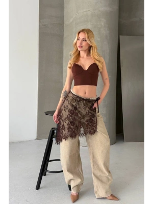 Kadın Kahverengi Bağlama Detaylı Şık Dantel Pareo Etek