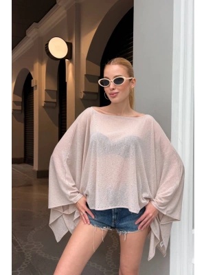 Kadın Bej Taş Detaylı Transparan Madonna Yaka Asimetrik Panço Bluz